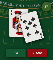 A hard blackjack hand offering the option to hit or stand.