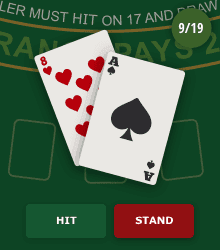 A blackjack hand offering the option to hit or stand.