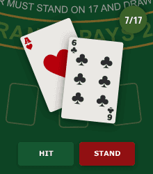 A blackjack hand offering the option to hit or stand.
