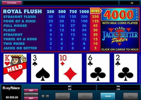 The in-game view of the video poker game, Jacks or Better
