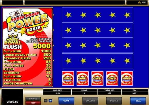 The game screen for the video poker casino game, Joker Poker Power.