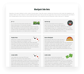 Downloadable sheet with details of the most popular side bets: 21 + 3, Suit'em Up, Perfect Pairs, Buster Blackjack, Lucky Ladies and Lucky Lucky.