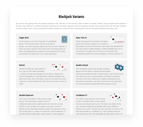 Downloadable sheet detailing the most popular blackjack variants: Single Deck, Double Exposure, Switch, Spanish 21, Match Play 21, Double Attack, Super Fun 21, Caribbean 21, Free Bet, Surrender, Vegas Style, Pontoon, Multiple Action.