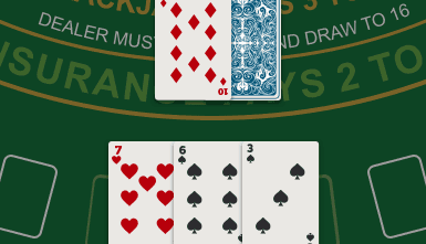 Blackjack player cards total to 16 against a dealer 10.