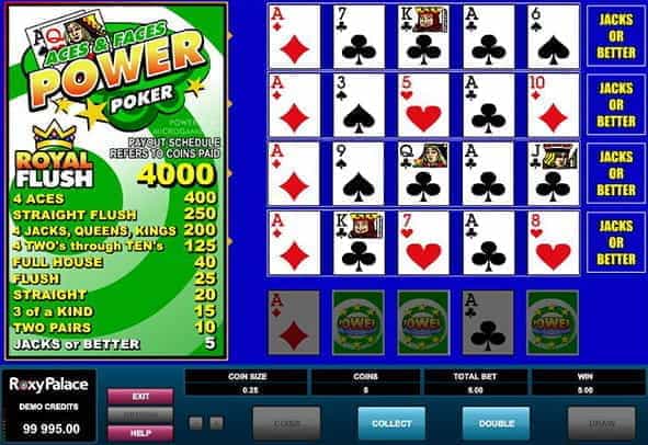 A winning hand in Microgaming’s Aces and Faces Power Poker video poker game.