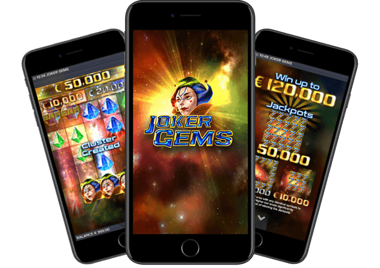 Three smart phones featuring stills from the ELK Studios Joker Gems slot game