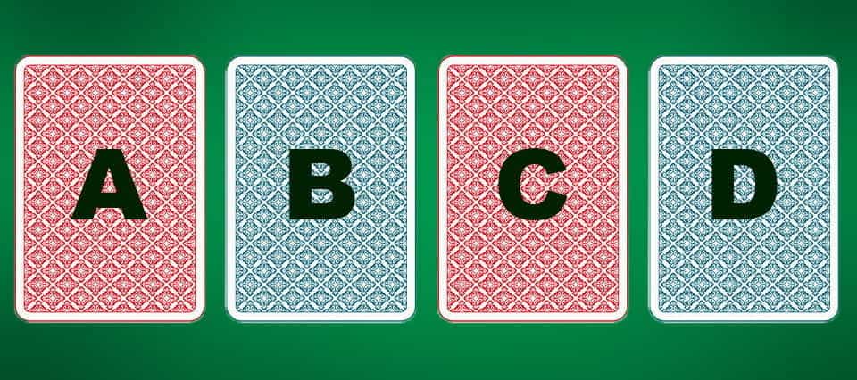 Four playing cards, labeled A, B, C and D.