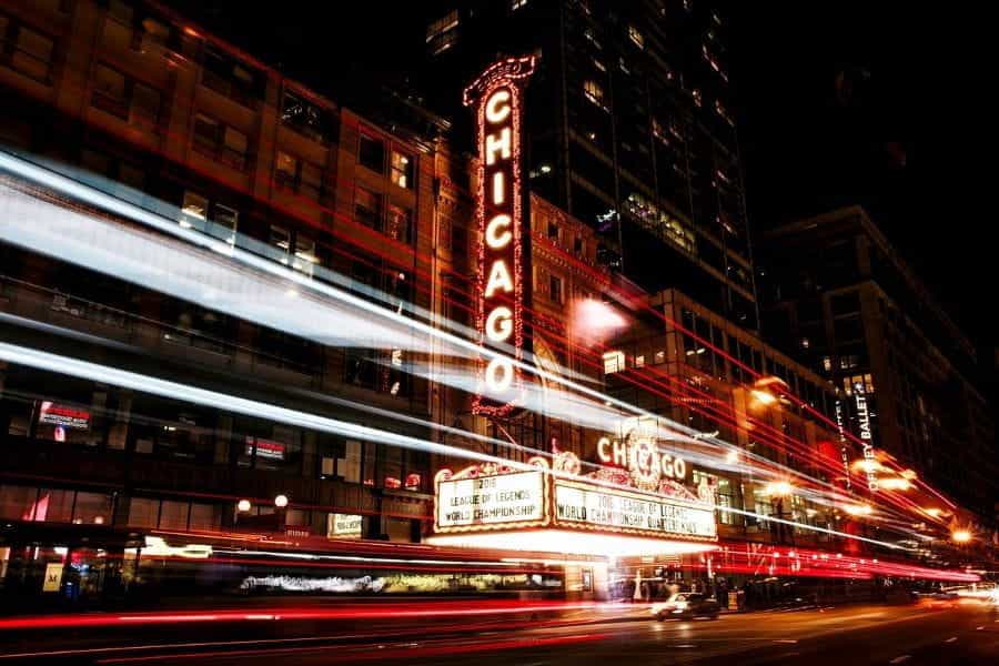 Chicago building with long exposure lights in neon.