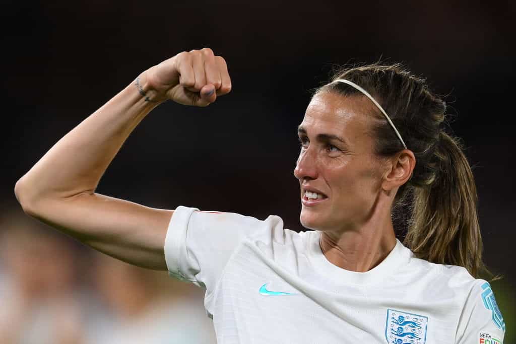 Jill Scott of England celebrates following the UEFA Women's Euro 2022 Semi Final match between England and Sweden.