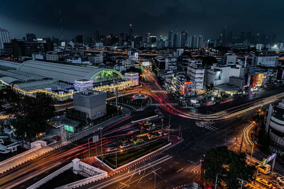 Bangkok skyline at night.