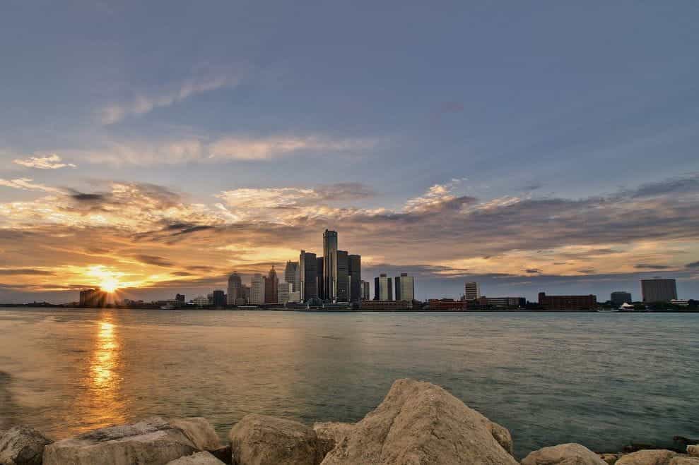 The skyline of downtown Detroit, Michigan.