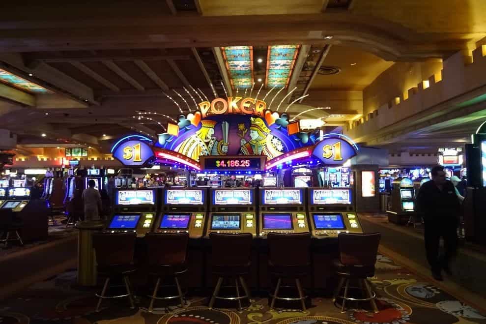 A row of digital poker game machines inside of a retail casino in Las Vegas, Nevada.