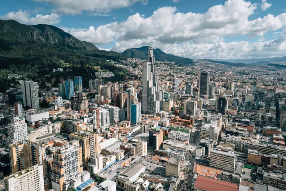 The city of Bogota, Colombia, next to a mountain range.