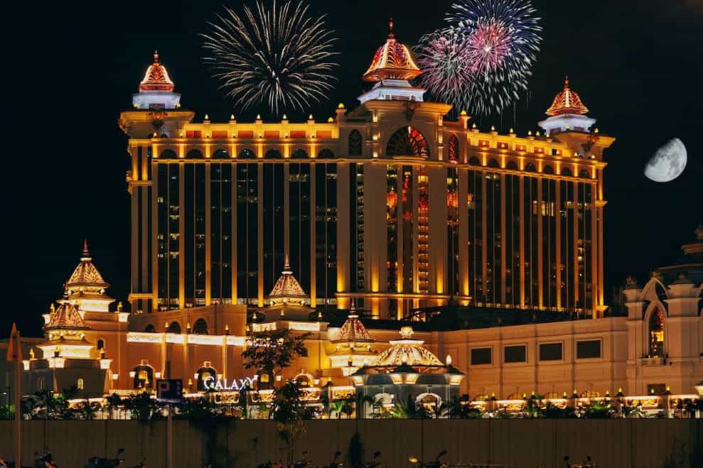 A casino in Macau with fireworks.