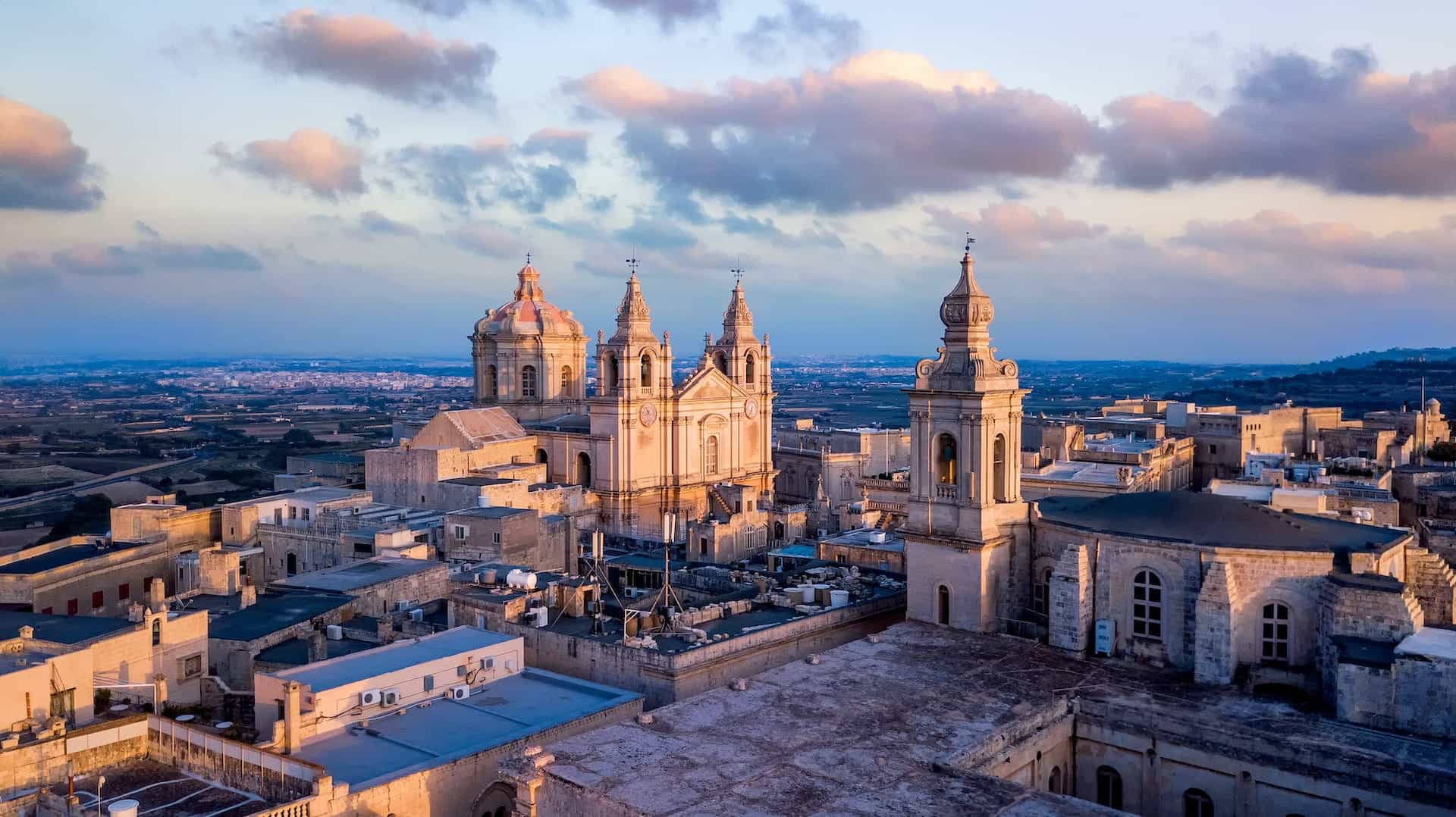 Medieval cathedral at dusk in the city of Mdina.