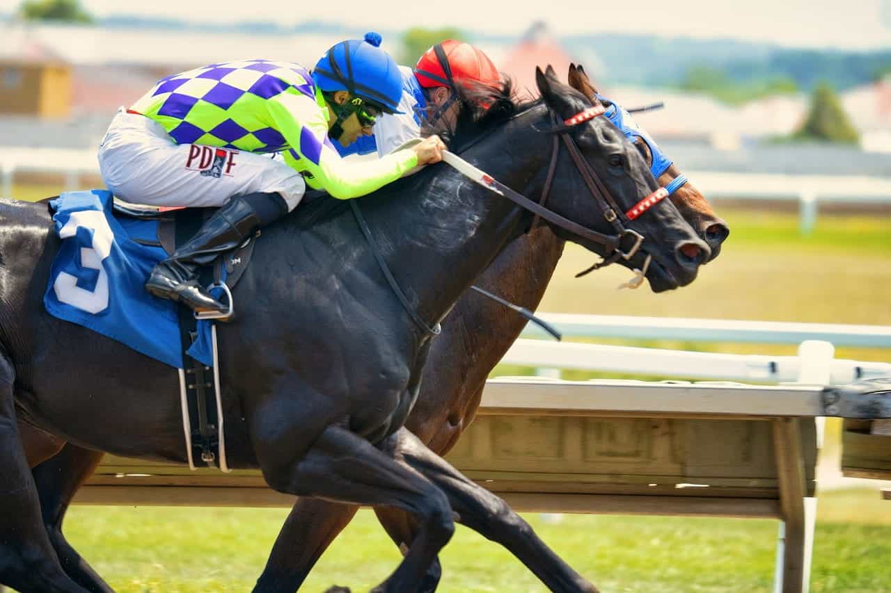 Two jockeys racing horses.