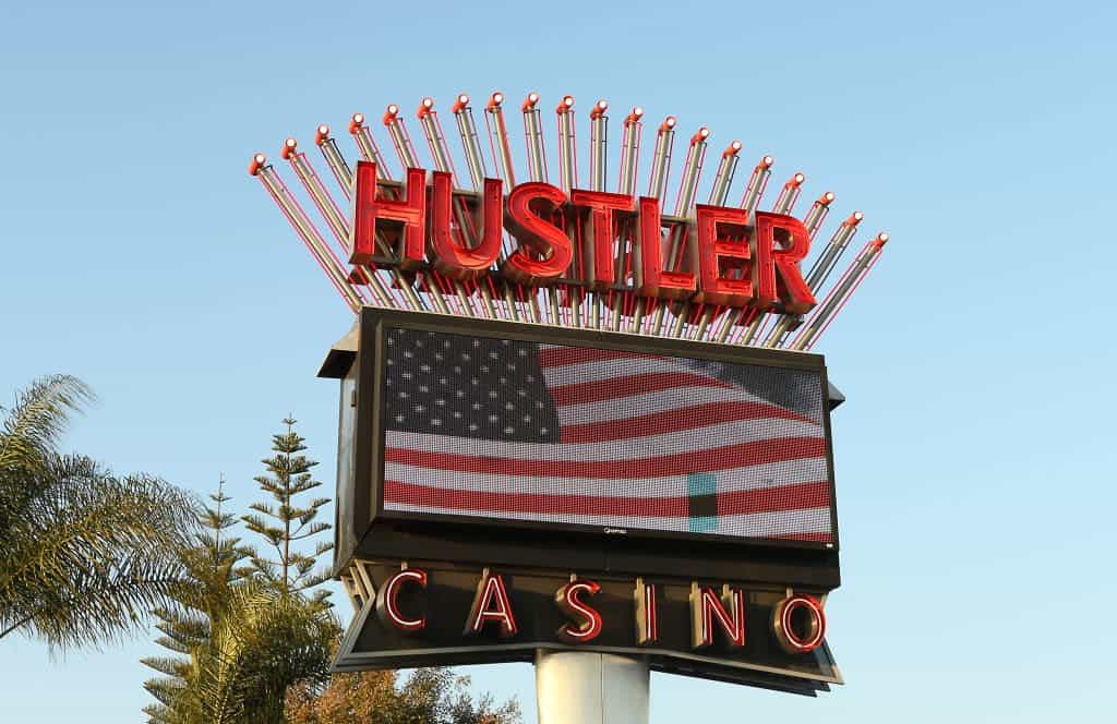 The sign outside the Hustler Casino in Los Angeles.