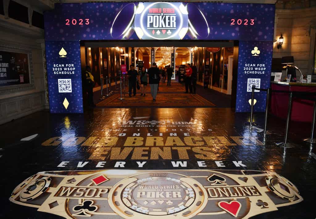 The main entrance to the card room at the 2023 World Series of Poker.