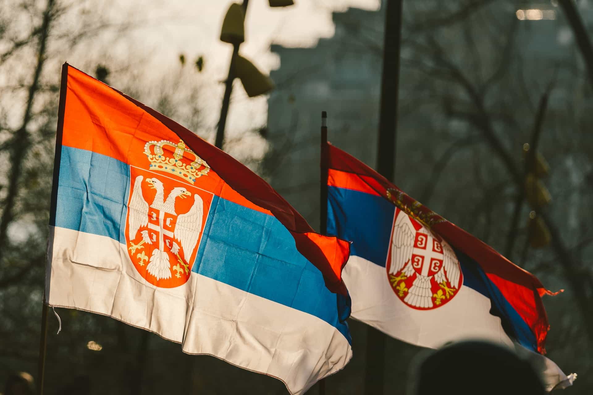 Two flags with red, blue, and white stripes.