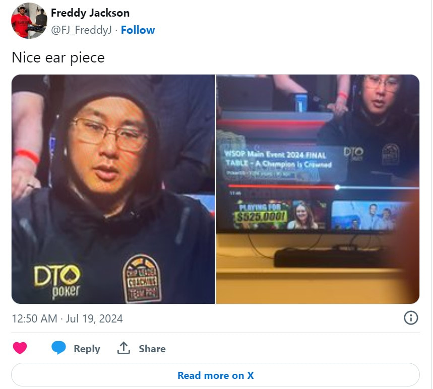 Jonathan Tamayo appears to be wearing an earpiece in a screen shot from the WSOP Main Event final table footage.