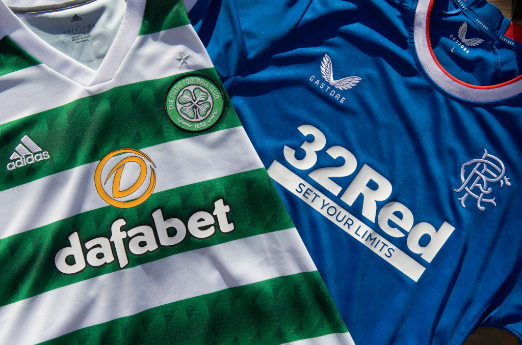 The logos of sports betting sites Dafabet and 32Red displayed on the official Glasgow Celtic FC and Glasgow Rangers 2023 home shirts.